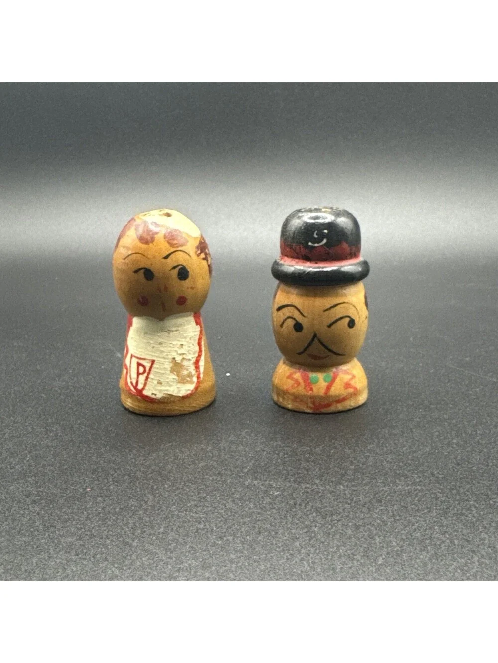 Vintage 1950s Small Wooden Hand-painted Man & Woman Salt and Pepper Shakers